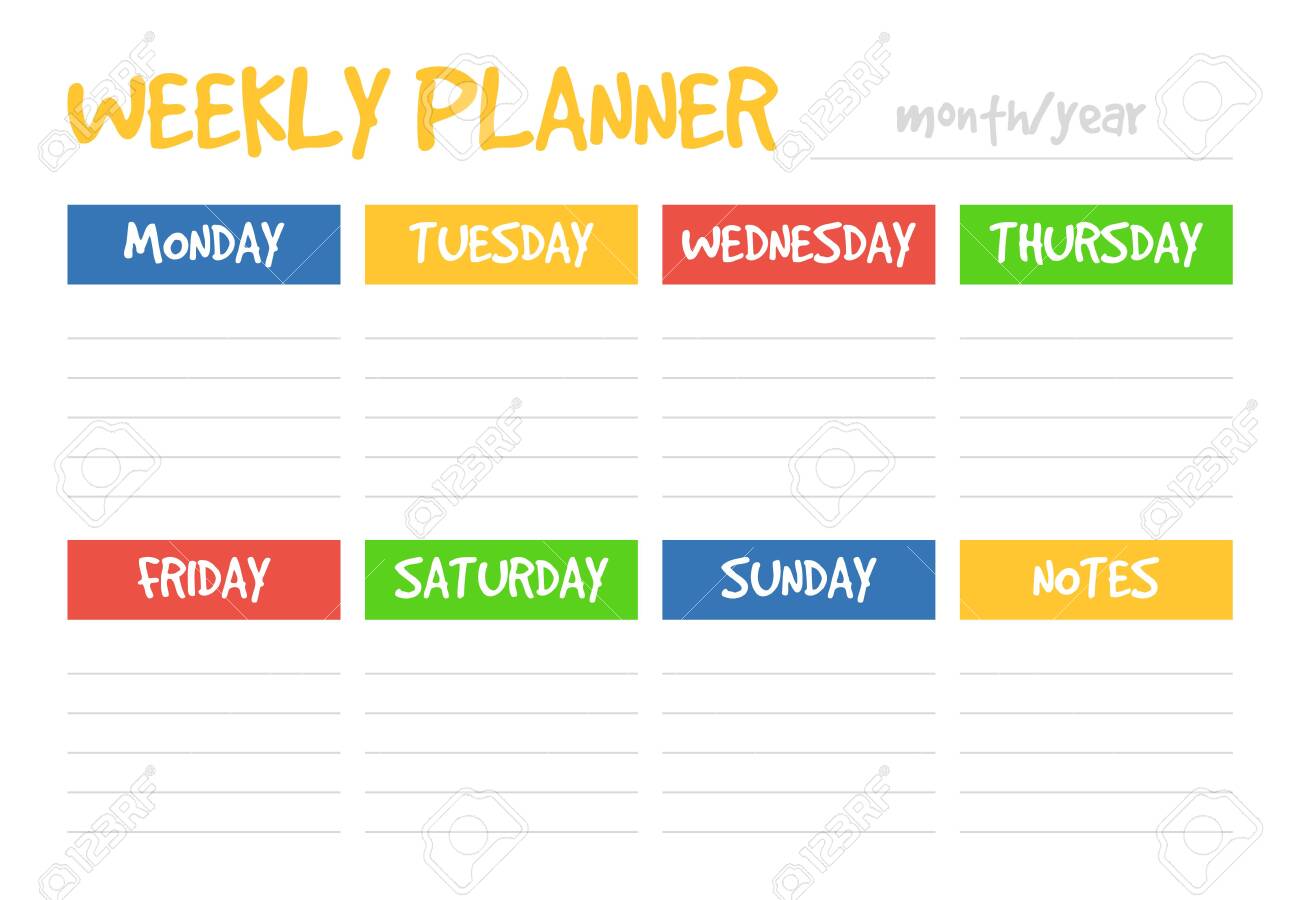 Weekly Planner Design Template Vector Isolated. Week Schedule, Printable  Calendar. Colorful Element On Banner. Royalty Free SVG, Cliparts, Vectors,  and Stock Illustration. Image 142550567.