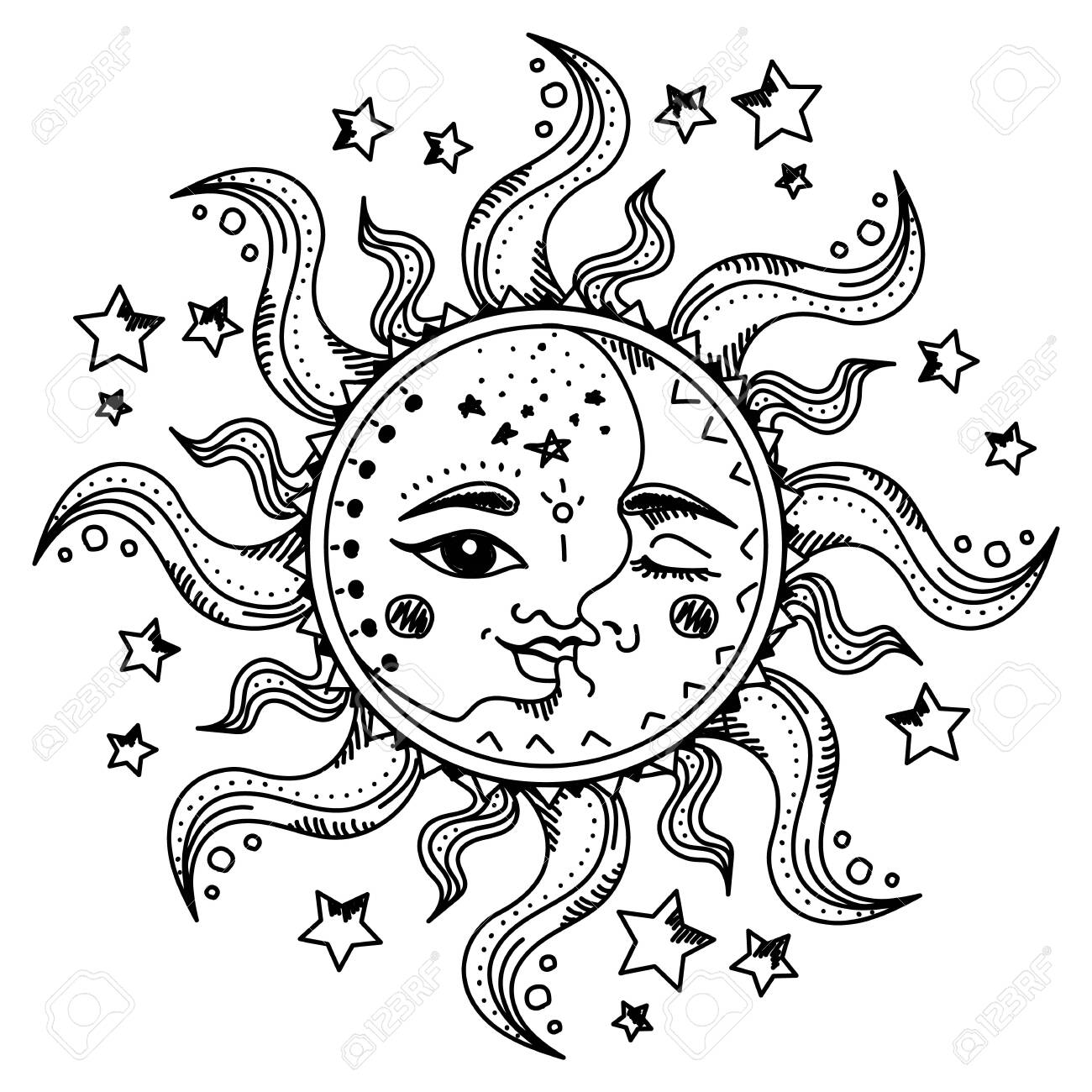 Sun And Moon With Faces Among The Stars Isolated Mystic Alchemy Royalty Free Cliparts Vectors And Stock Illustration Image