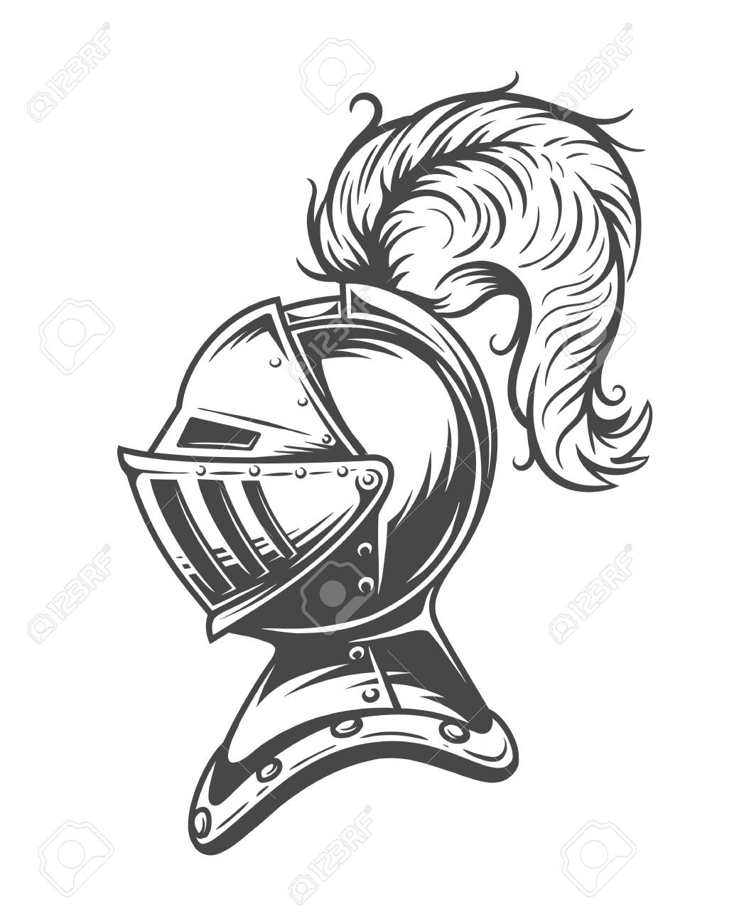 白黒騎士兜鎧 白い背景に分離 のイラスト素材 ベクタ Image