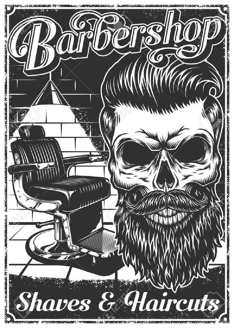 vintage barbershop poster with barber chair skull text and