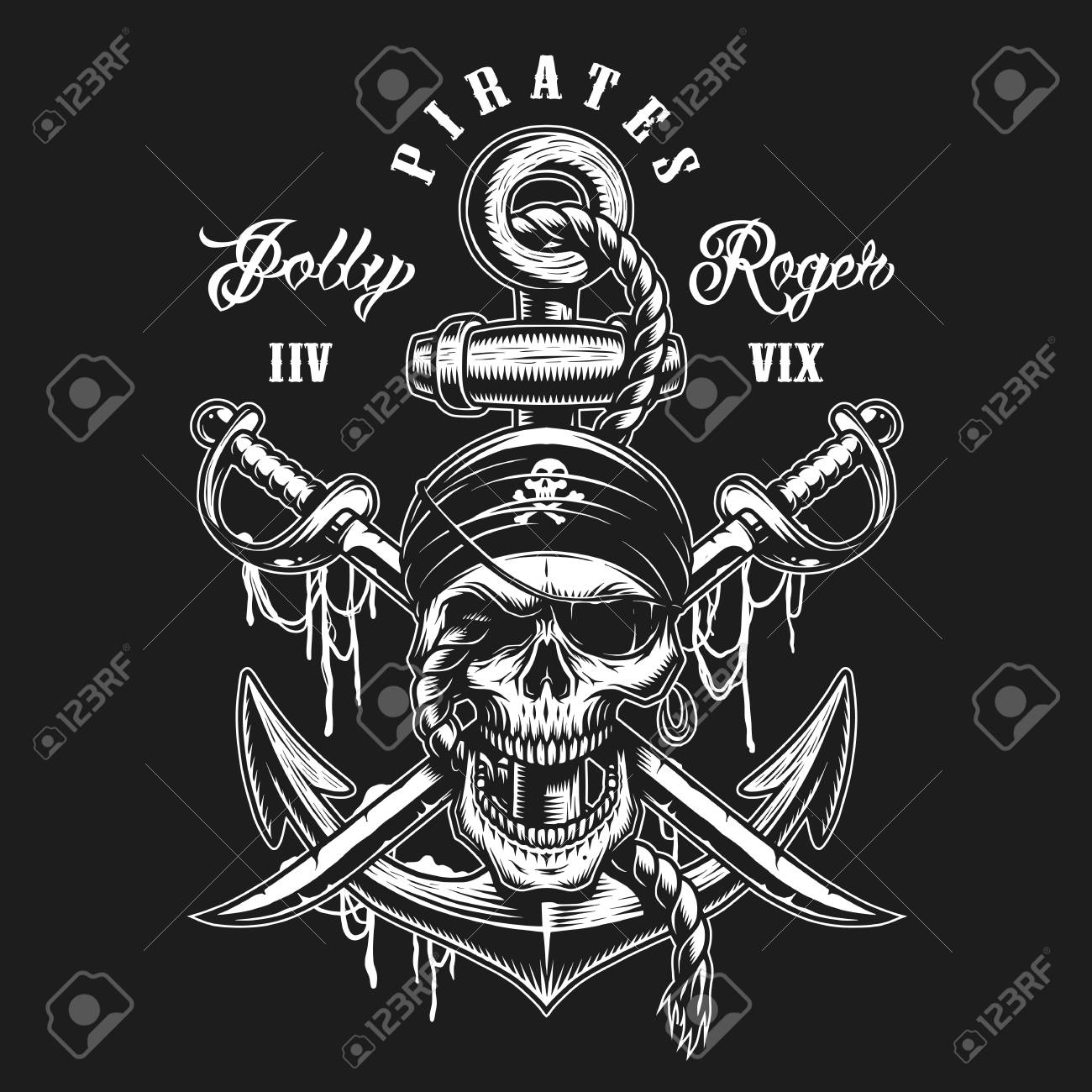 Pirate skull emblem with swords, anchor and rope. On dark background - 89461686 Pirate skull emblem with swords, anchor and rope. On dark background - 89461686