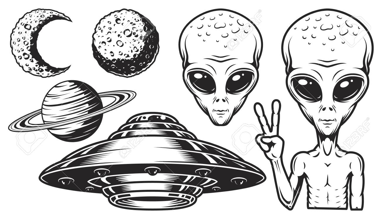 Aliens Und Ufo Satz Von Vektor Objekte Und Design Elemente In Schwarz Weiss Stil Isoliert Auf Weissem Hintergrund Lizenzfrei Nutzbare Vektorgrafiken Clip Arts Illustrationen Image 95043868
