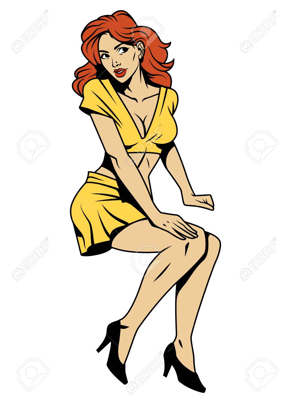 Vintage attractive pin up girl with red hair wearing yellow blouse skirt and black shoes isolated vector illustration - 108644062 Vintage attractive pin up girl with red hair wearing yellow blouse skirt and black shoes isolated vector illustration - 108644062