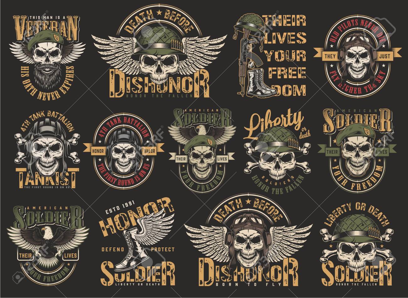 Vintage Colorful Military Emblems Set With Skulls In Pilot Tankman Royalty Free Cliparts Vectors And Stock Illustration Image 128788750
