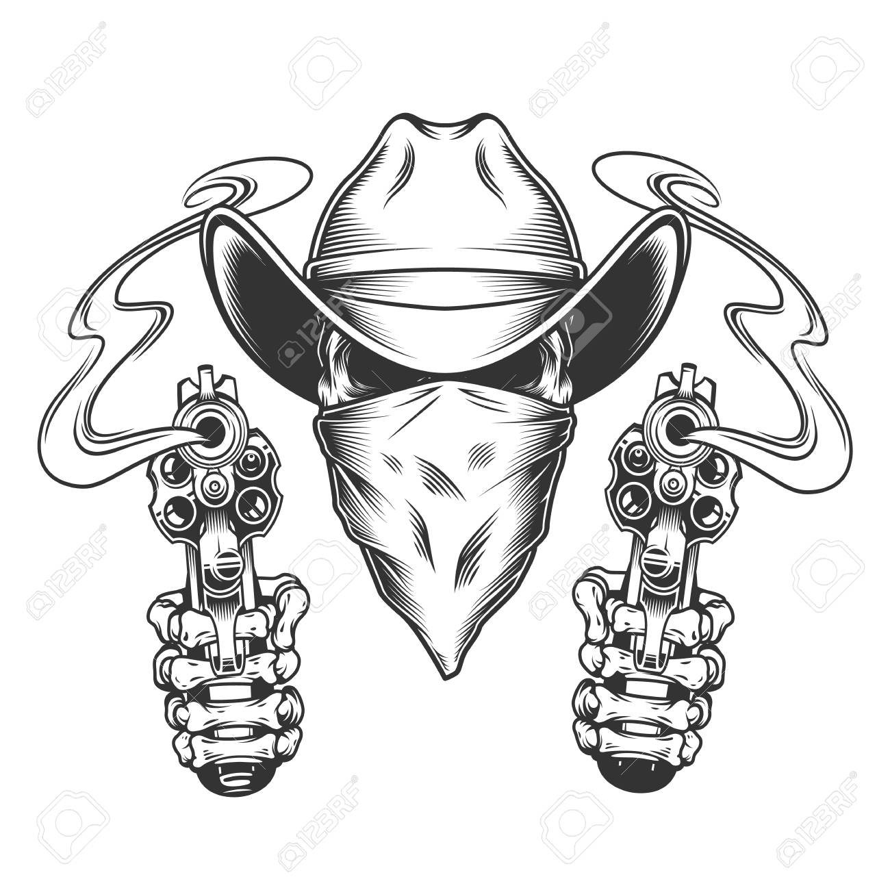 Skull In Cowboy Hat And Scarf With Skeleton Hands Holding Pistols In  Vintage Style Isolated Vector Illustration Royalty Free SVG, Cliparts,  Vectors, and Stock Illustration. Image 115207262., image size:1300x1300