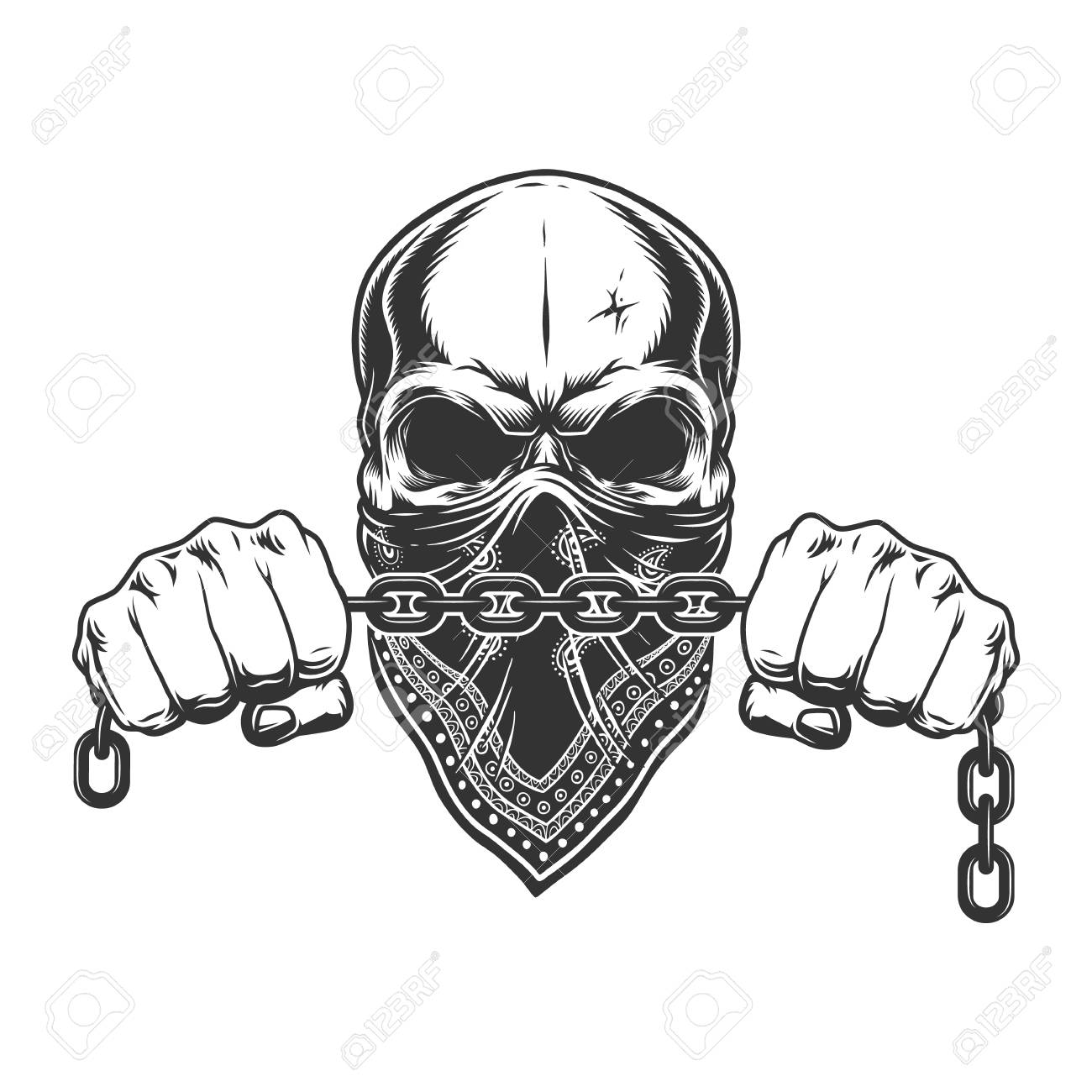 Vintage criminal concept with skull in bandana on face and male hands holding chain isolated vector illustration - 115207412 Vintage criminal concept with skull in bandana on face and male hands holding chain isolated vector illustration - 115207412