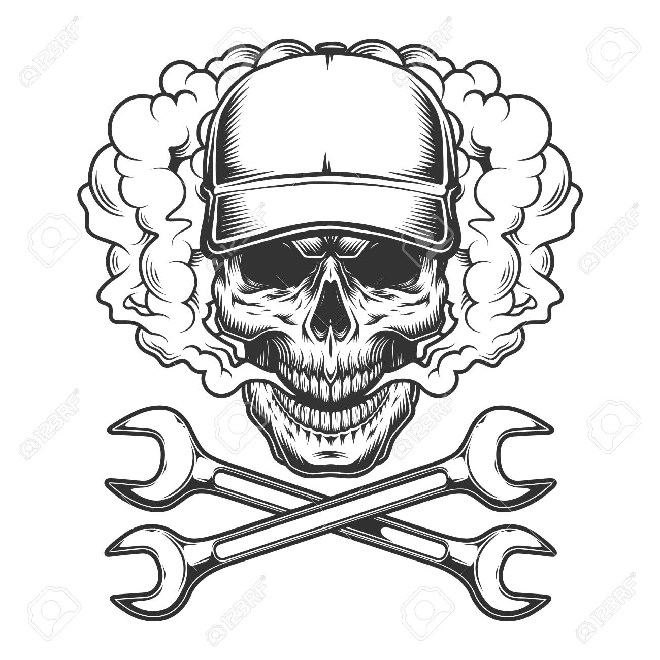 Vintage monochrome skull wearing baseball cap in smoke cloud with crossed wrenches isolated vector illustration - 116383813 Vintage monochrome skull wearing baseball cap in smoke cloud with crossed wrenches isolated vector illustration - 116383813