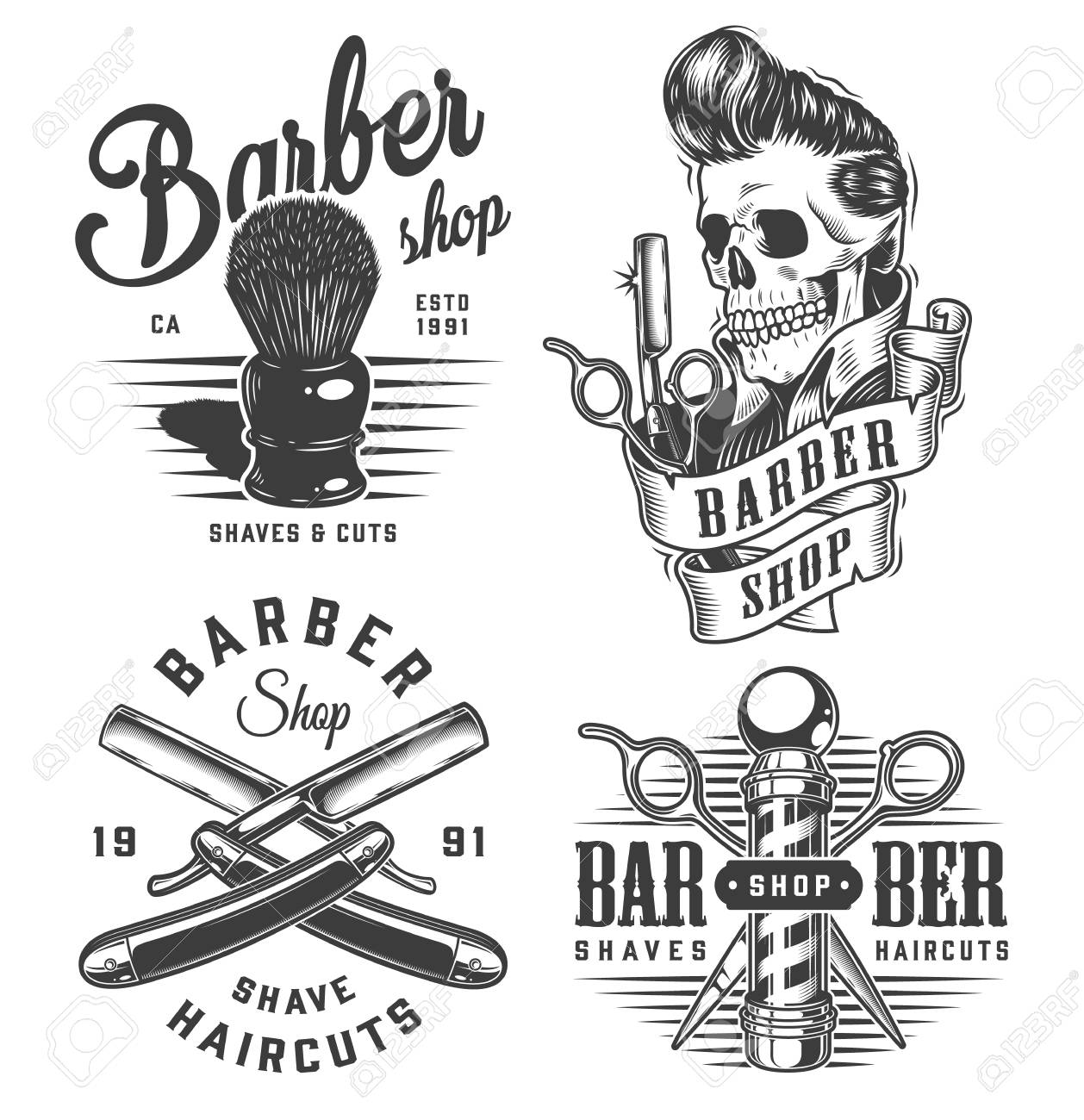 Vintage monochrome barbershop prints with shaving brush scissors barber pole razors skull with trendy hairstyle isolated vector illustration - 121467126 Vintage monochrome barbershop prints with shaving brush scissors barber pole razors skull with trendy hairstyle isolated vector illustration - 121467126