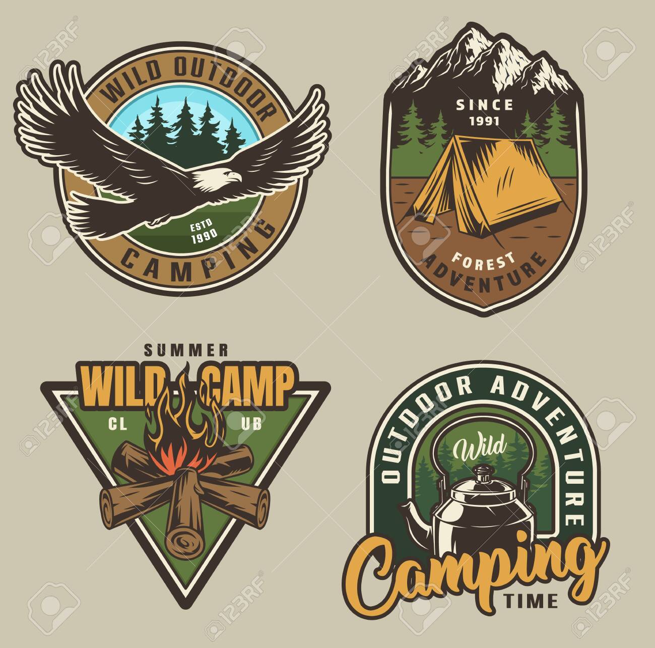 Colorful summer adventure labels with flying eagle tent campfire kettle in vintage style isolated vector illustration - 124540296 Colorful summer adventure labels with flying eagle tent campfire kettle in vintage style isolated vector illustration - 124540296