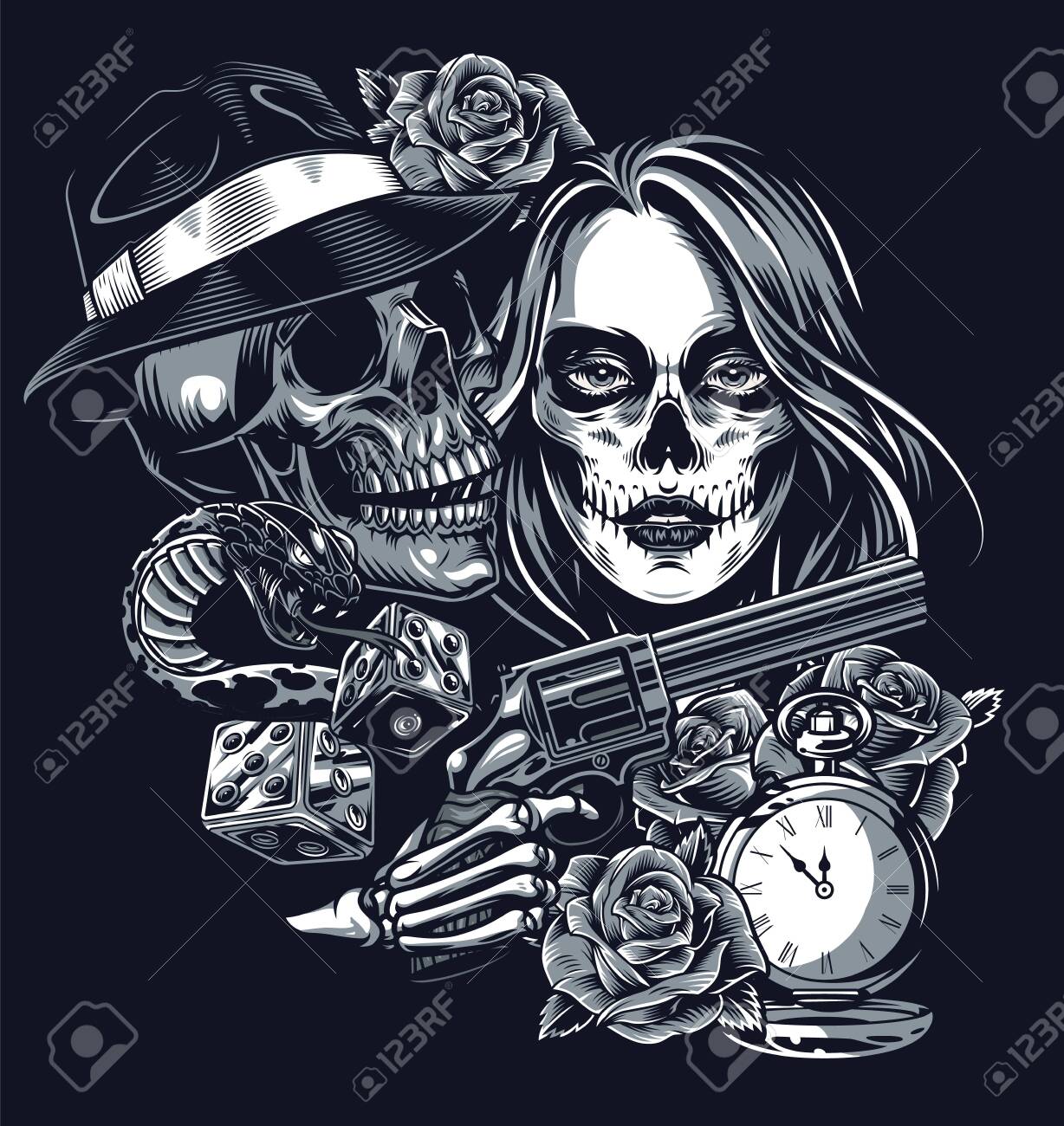 Vintage Chicano Style Tattoo Template With Skull In Fedora Hat Dice Roses  Pocket Watch Snake Skeleton Hand Holding Gun And Girl With Scary Makeup  Isolated Illustration Royalty Free SVG, Cliparts, Vectors, and, image size:1228x1300