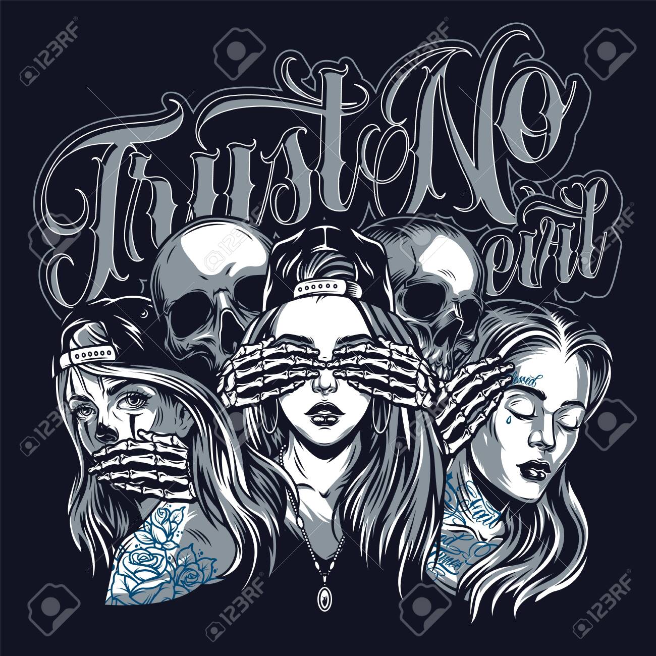 Chicano Style Three Mystic Apes Concept With Skeletons Covering Royalty Free Cliparts Vectors And Stock Illustration Image 136450616