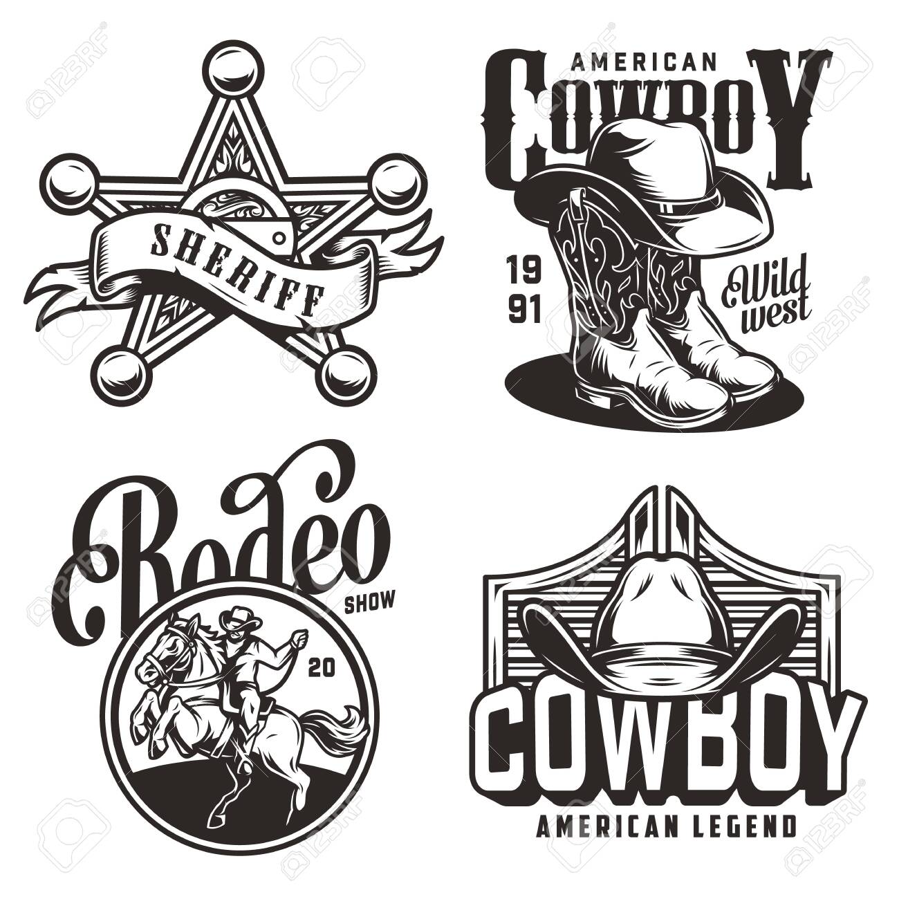 Vintage Monochrome Wild West Emblems With Sheriff Badge Star Cowboy Hat  Boots Saloon Swinging Doors Rider And Horse Isolated Vector Illustration  Royalty Free SVG, Cliparts, Vectors, and Stock Illustration. Image  138422286., image size:1300x1300