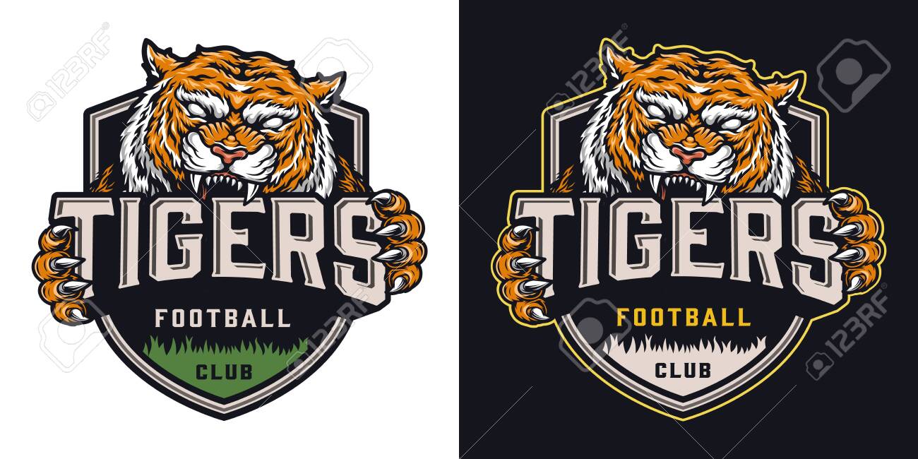 Colorful Soccer Team Badge With Angry Tiger Mascot And Football Royalty Free Cliparts Vectors And Stock Illustration Image 142605158