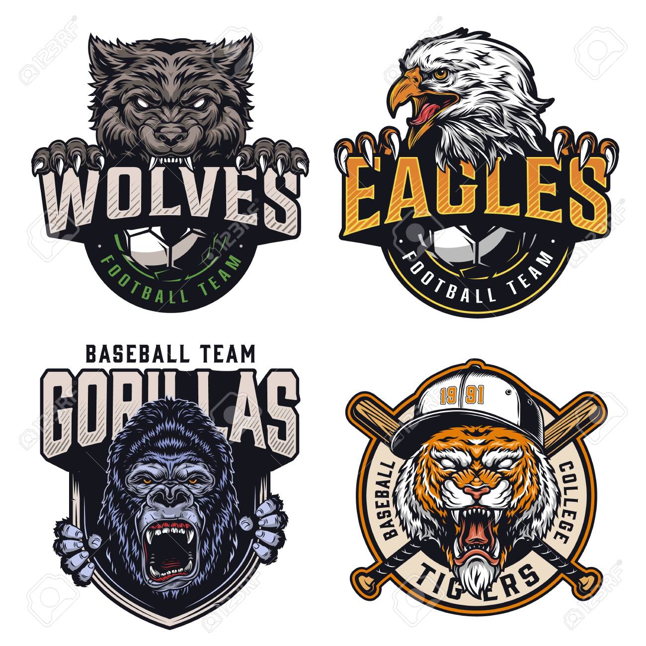 Colorful Sports Clubs Vintage Emblems With Cruel Animals Mascots Soccer And Baseball  Teams Names Inscriptions Isolated Vector Illustration Royalty Free SVG,  Cliparts, Vectors, and Stock Illustration. Image 143013775., image size:1300x1300