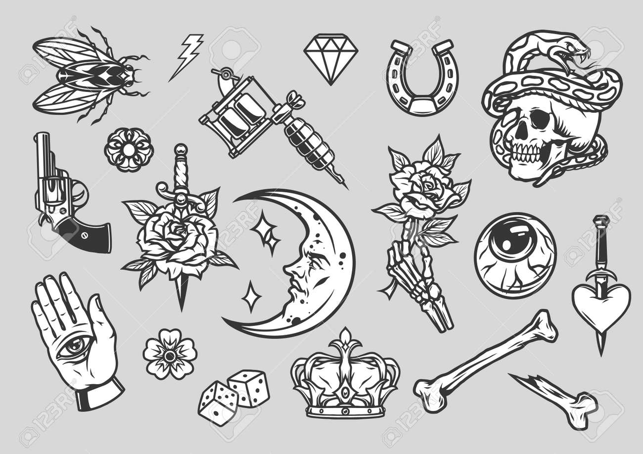 Vintage Tattoos Composition With Monochrome Designs On Gray Background Isolated Vector Illustration Royalty Free Cliparts Vectors And Stock Illustration Image 158662494
