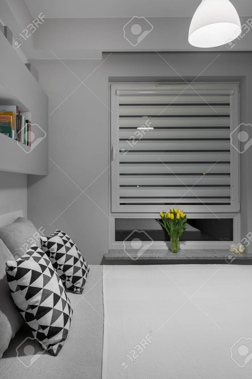 Big Window With White Blinds In Modern Bedroom