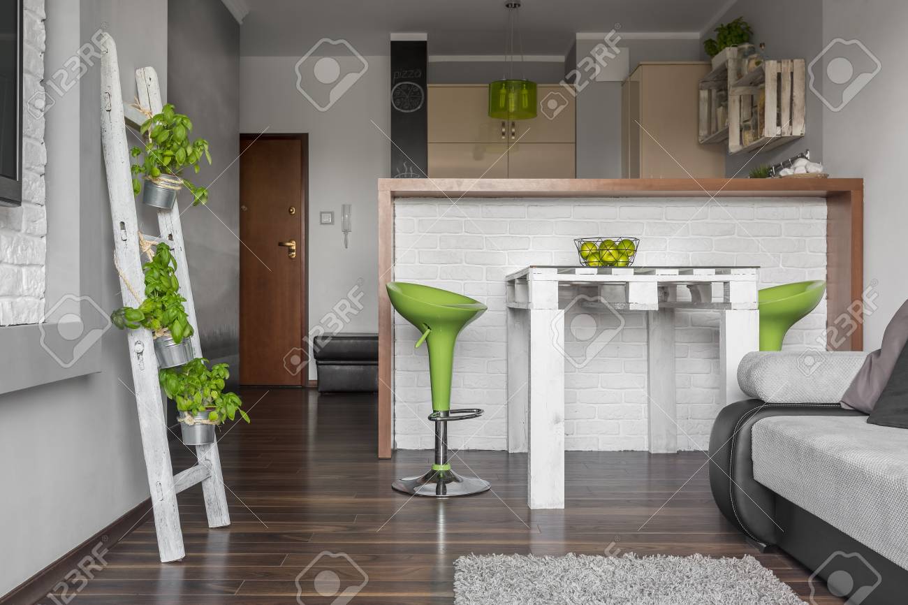 New Design Flat With Open Kitchen Blackboard Small Dining Set Stock Photo Picture And Royalty Free Image Image 59566510