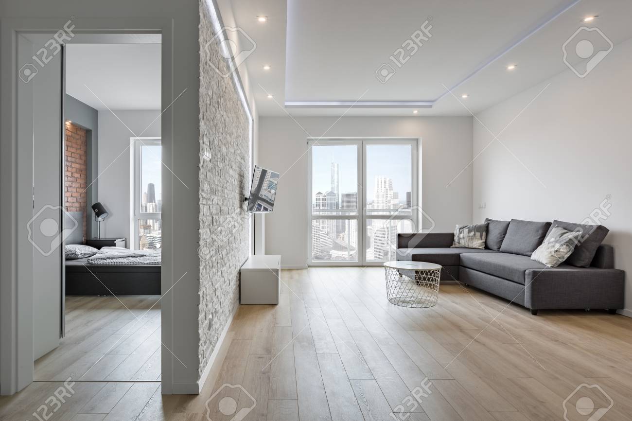 White Apartment With Brick Wall Bedroom And Living Room Stock Photo Picture And Royalty Free Image Image 88153854