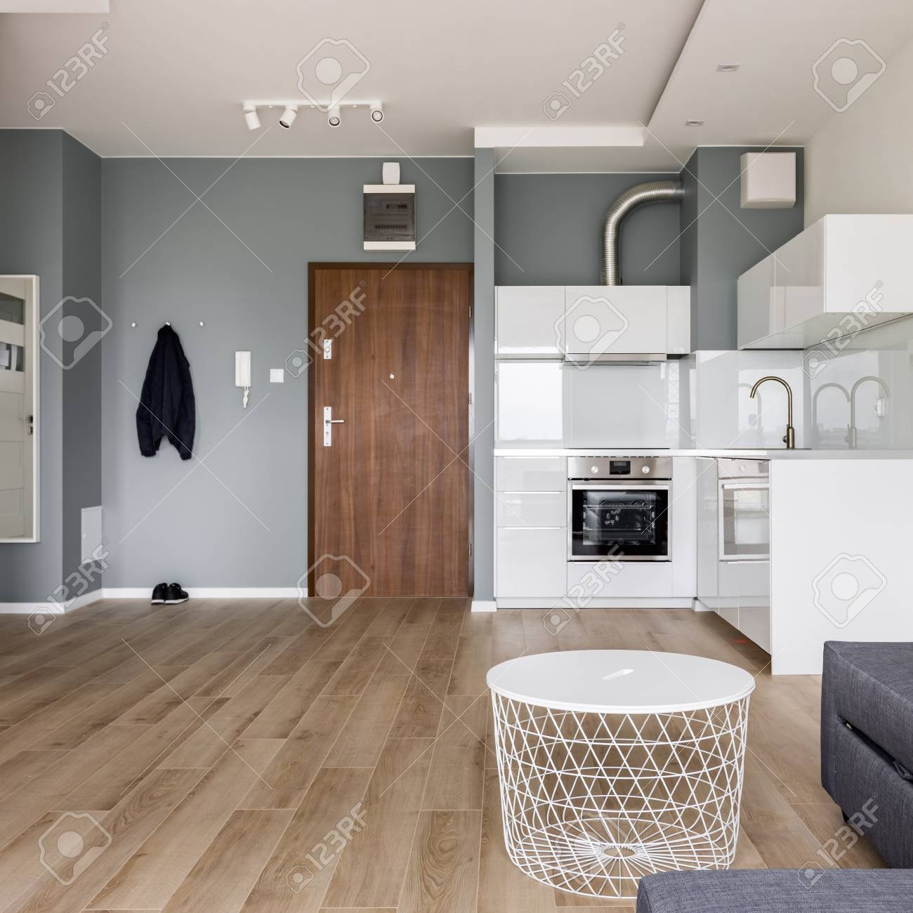 Studio Moderne Avec Petite Cuisine Blanche Couloir Et Salle De Sejour Banque D Images Et Photos Libres De Droits Image 93452047