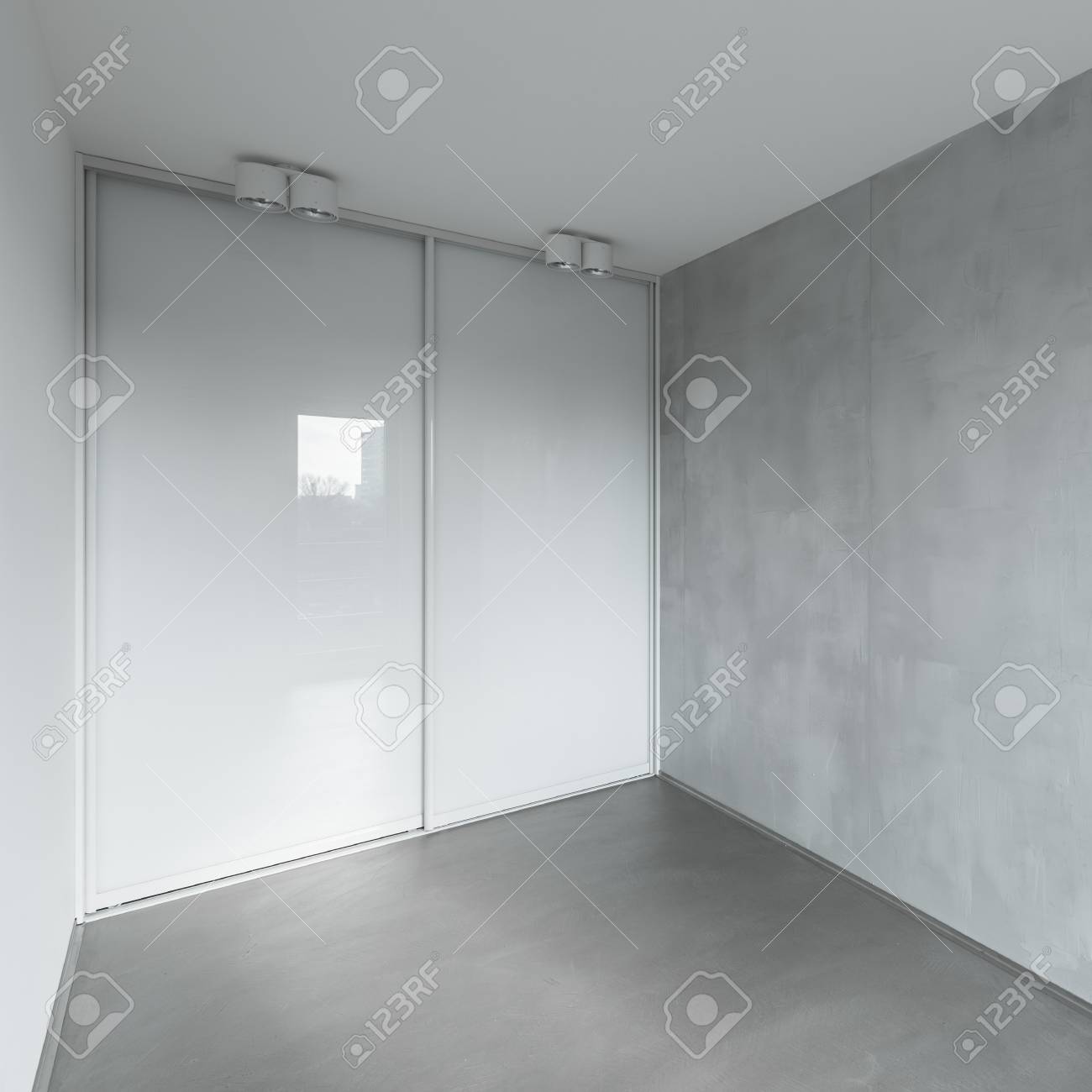 Modern Home Interior With Gray Corridor With Sliding Door Wardrobe