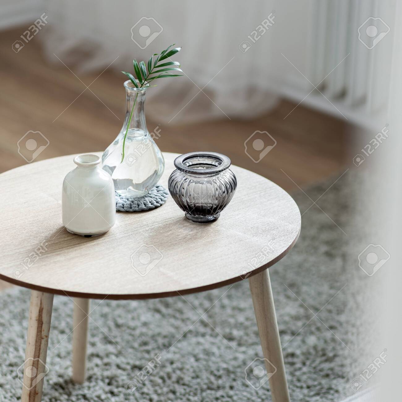 Home Interior With Scandinavian Style Wooden, Round Coffee Table - Home Interior With Scandinavian Style Wooden, Round Coffee Table