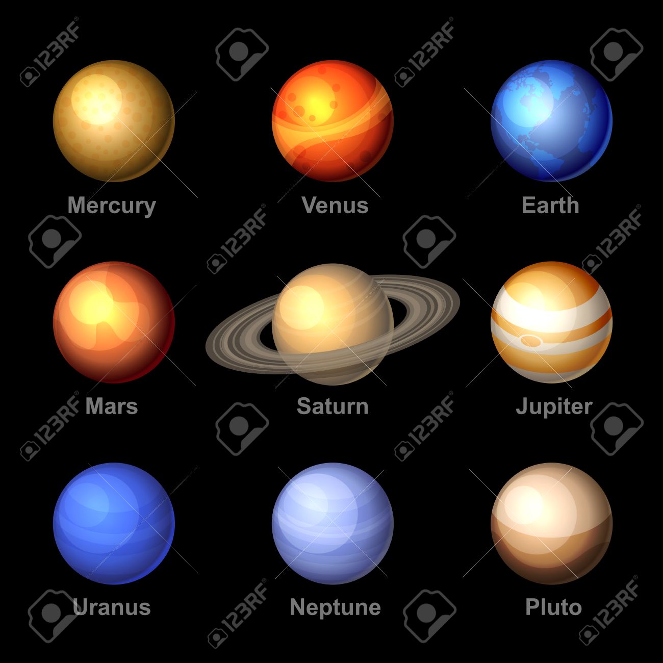 Los Planetas De Colores Brillantes De Iconos Sistema Solar. Vector ...