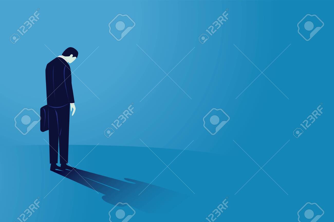 Sad businessman looking down, rear view. Man feeling lonely and having mental pressure or stress. Bankruptcy on global economic recession, failure concept - 147769892 Sad businessman looking down, rear view. Man feeling lonely and having mental pressure or stress. Bankruptcy on global economic recession, failure concept - 147769892