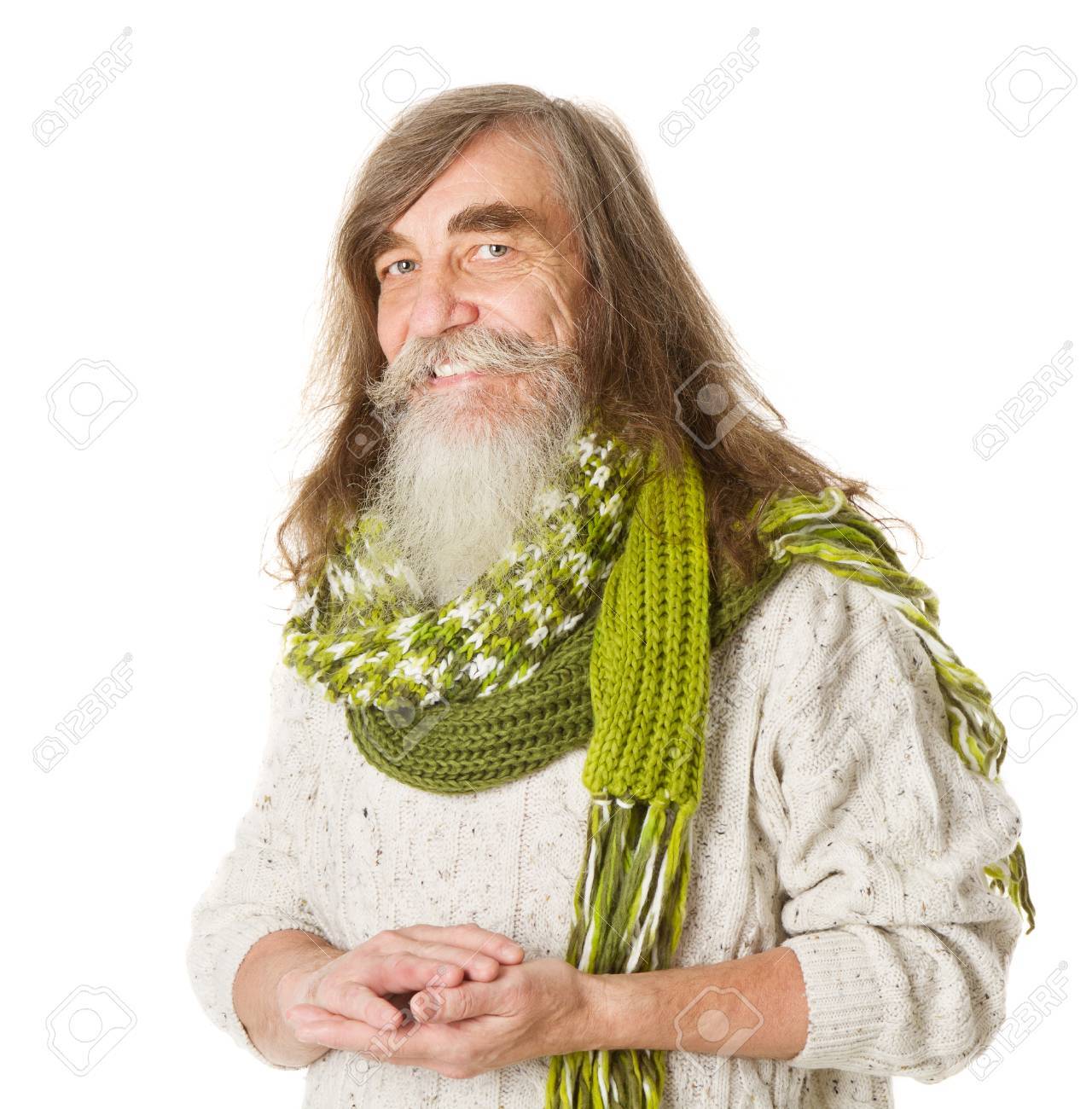 年配の男性の幸せ笑顔 長い髪 髭 白い背景の上のひげ の写真素材 画像素材 Image