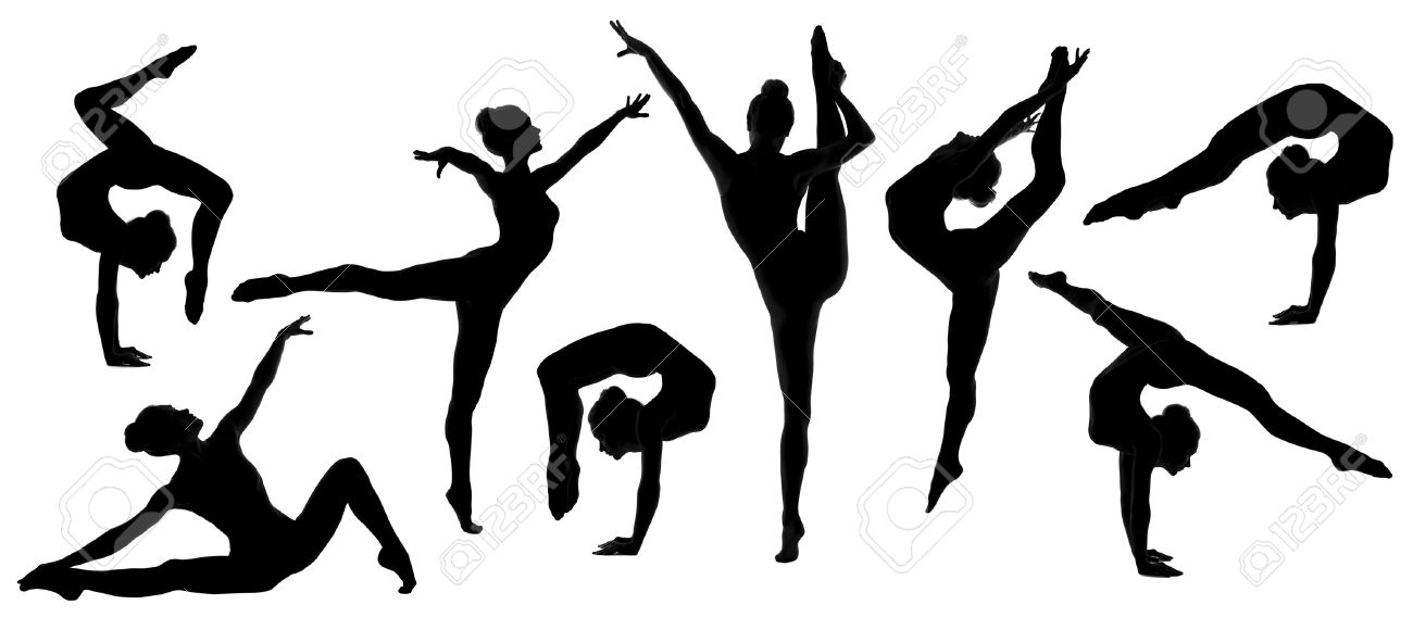 silhouette gymnast dancer set of ballerina female flexible pose human over isolated white background