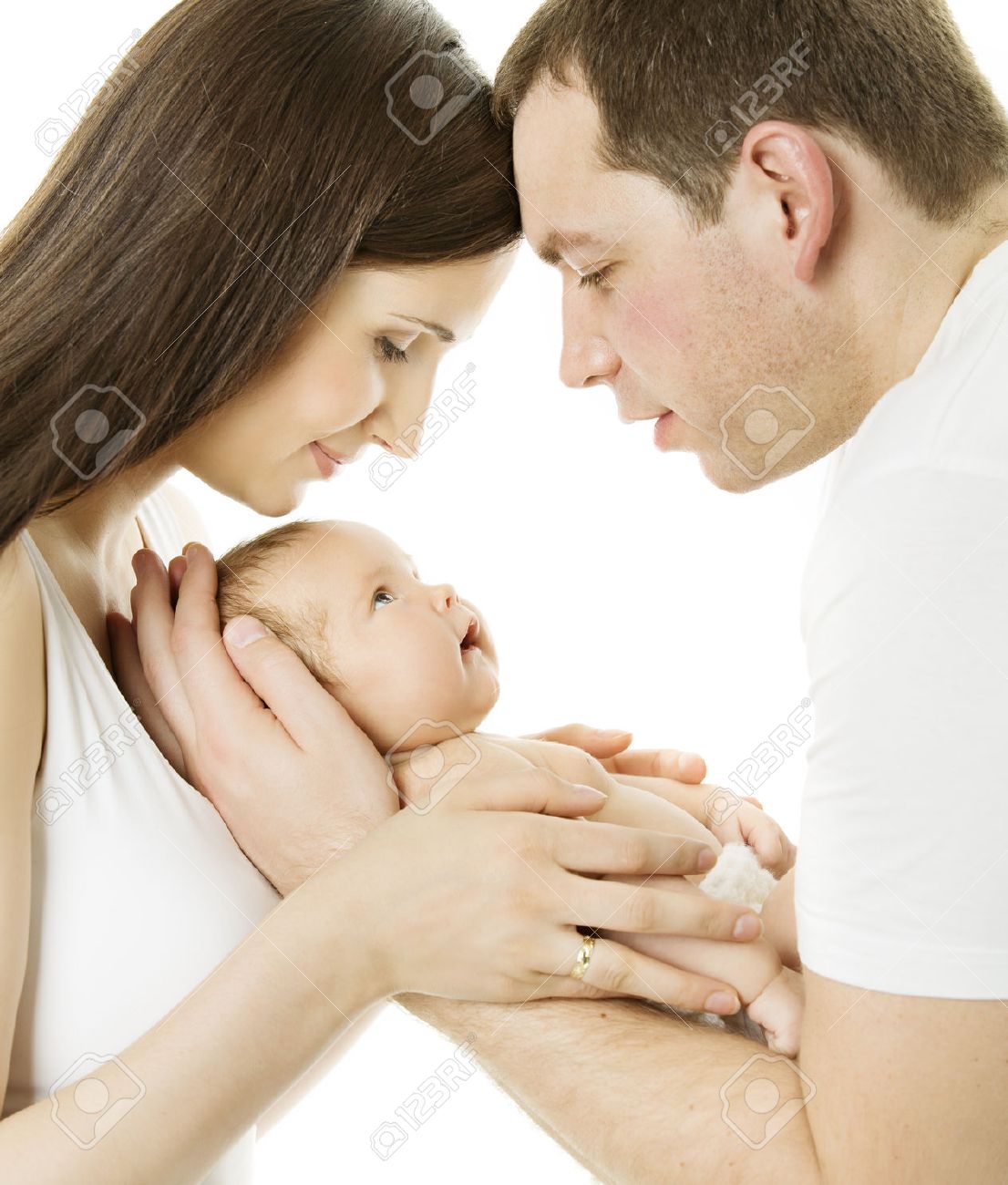 Parents and baby family mother father and newborn kid over white isolated background new born