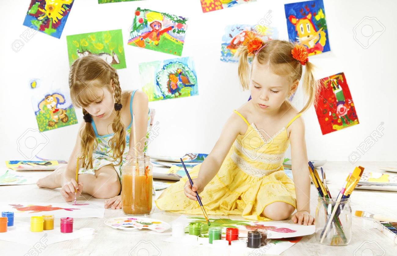 creative kids painting by brush little girls drawing image children inspiration education concept stock - Children Painting Images creative kids painting by brush little girls drawing image children inspiration education concept stock - Children Painting Images