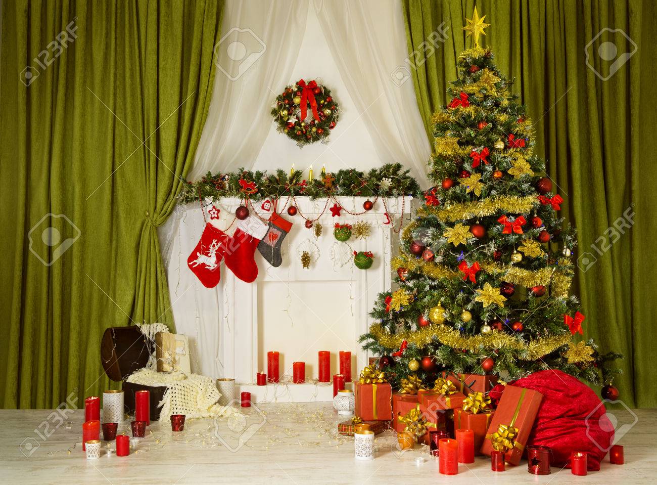 christmas room xmas tree decorated home interior hanging sock
