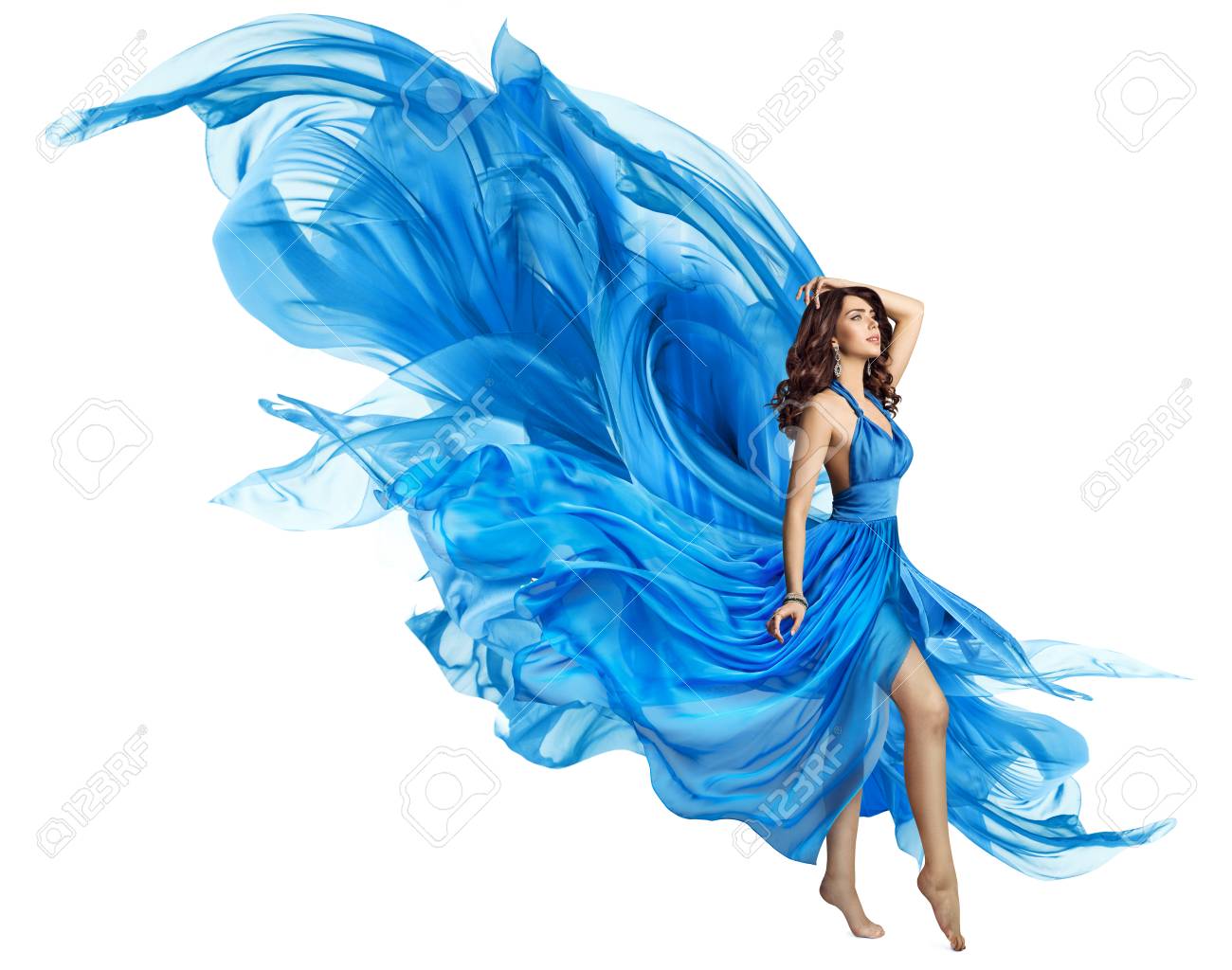 Woman Flying Blue Dress, Elegant Fashion Model in Fluttering Gown on White, Art Fabric Fly and Flutter on Wind - 95117811 Woman Flying Blue Dress, Elegant Fashion Model in Fluttering Gown on White, Art Fabric Fly and Flutter on Wind - 95117811