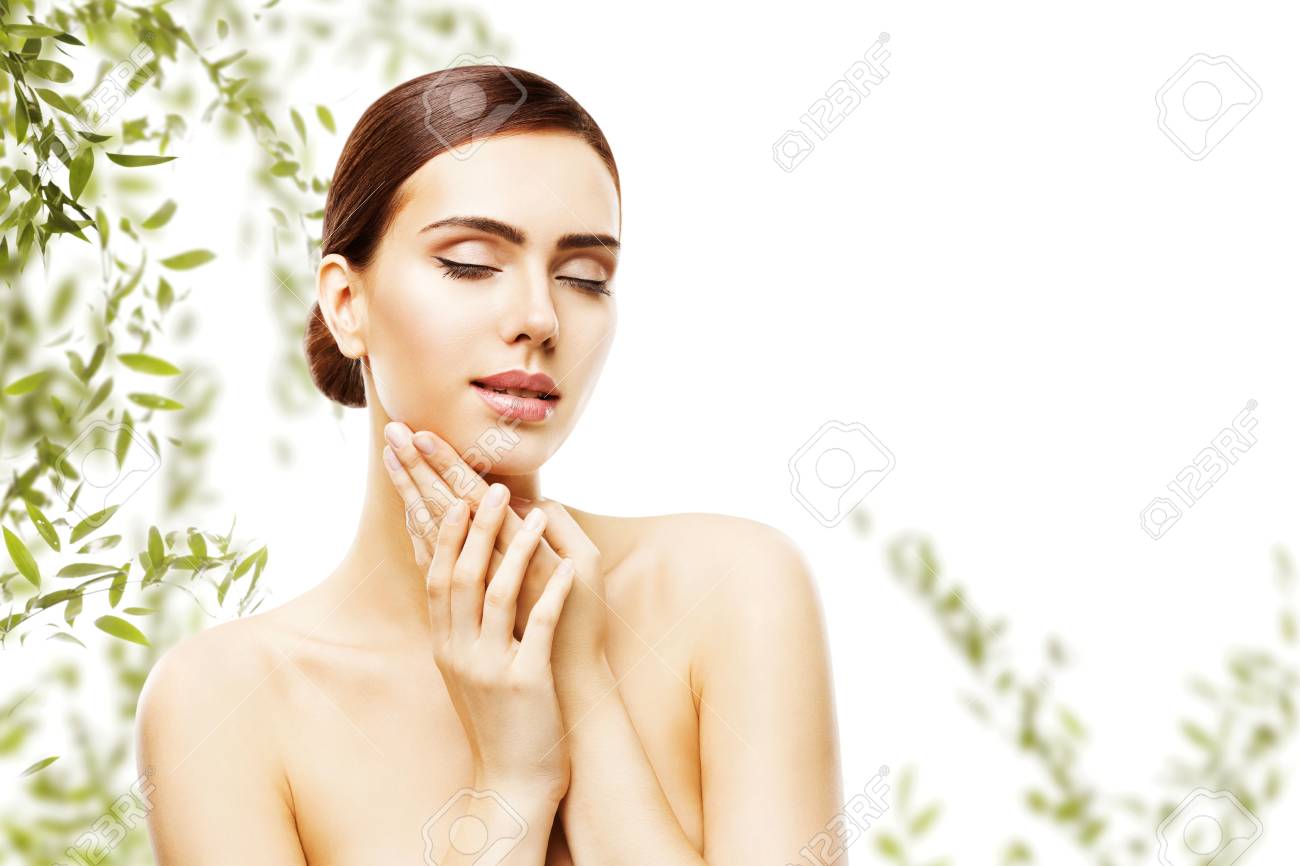 Beauty Skin Care And Face Makeup, Woman Skincare Natural Make Up, Beautiful  Model Touching Neck Chin, Eyes Closed Stock Photo, Picture And Royalty Free  Image. Image 101556641.