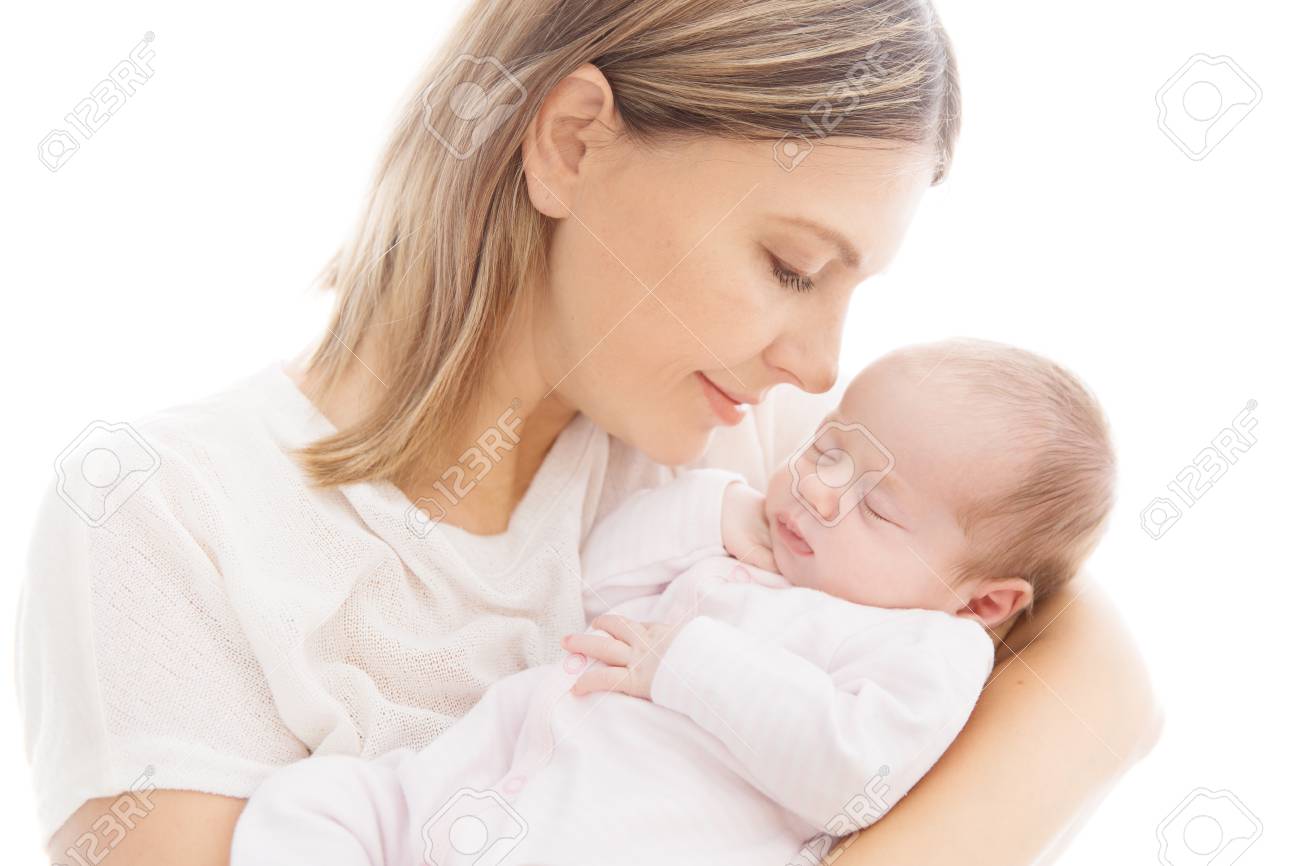 Newborn Baby and Mother, Mom with Sleeping New Born Kid on hands, Two Weeks Old Child on White - 123021495 Newborn Baby and Mother, Mom with Sleeping New Born Kid on hands, Two Weeks Old Child on White - 123021495
