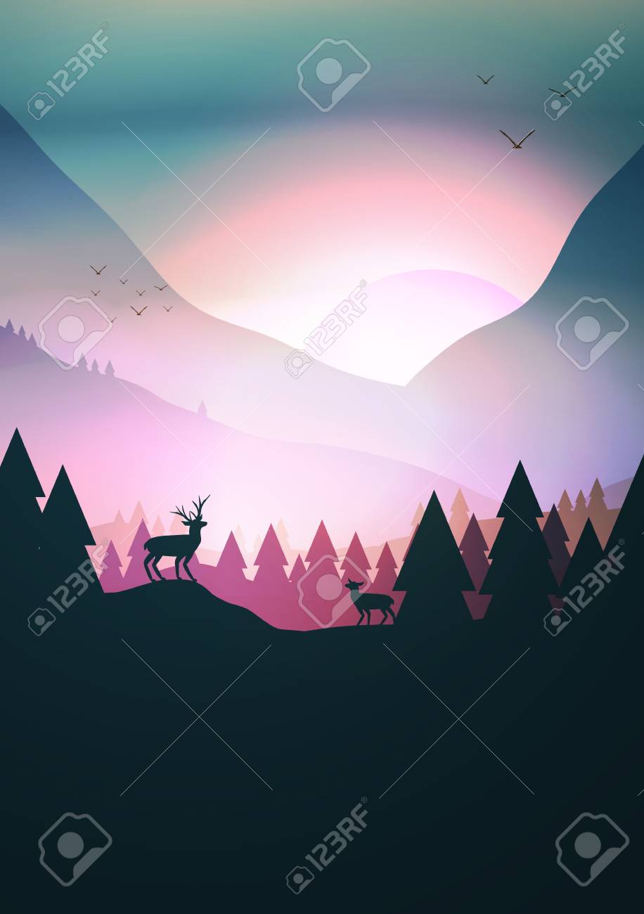 丘の上の松の森の風景にスタッグと山の上の夕日や夜明け ベクトルイラストのイラスト素材 ベクタ Image