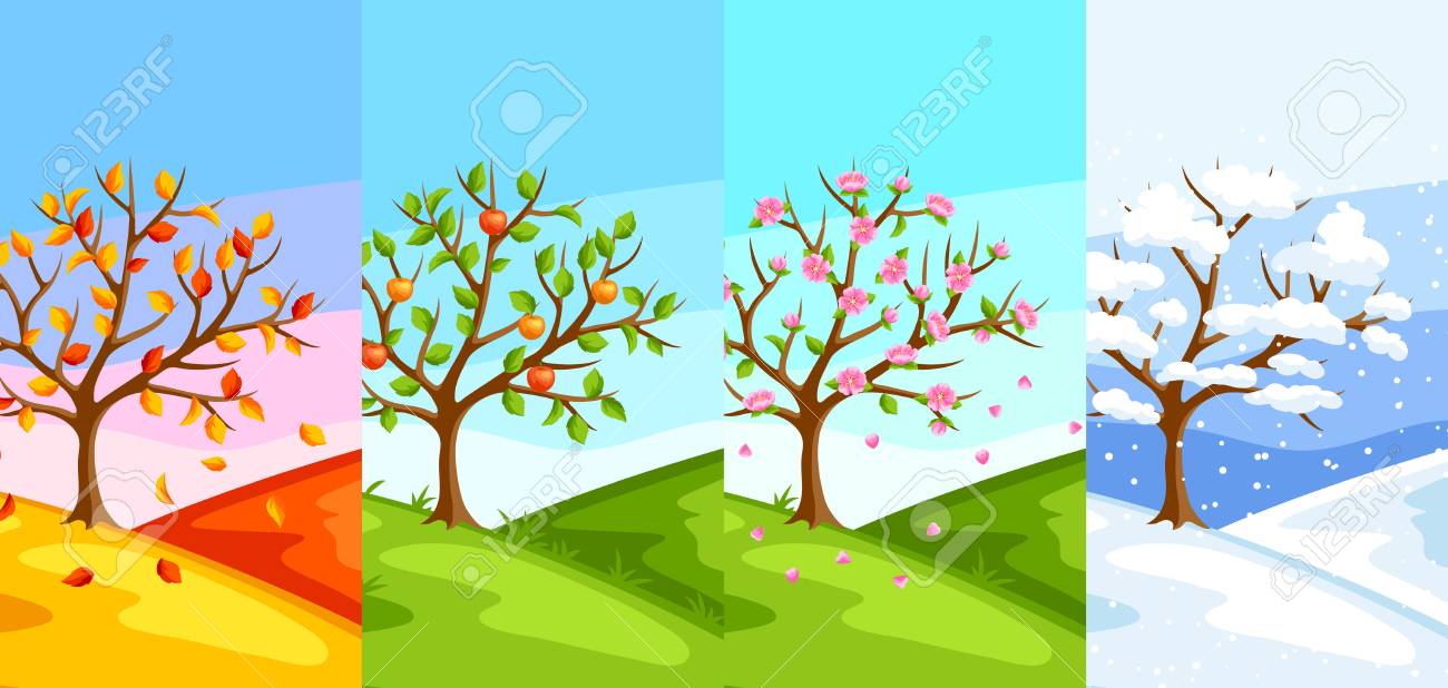 Four Seasons. Illustration Of Tree And Landscape In Winter, Spring, Summer,  Autumn. Royalty Free SVG, Cliparts, Vectors, and Stock Illustration. Image  75815431., image size:1300x618