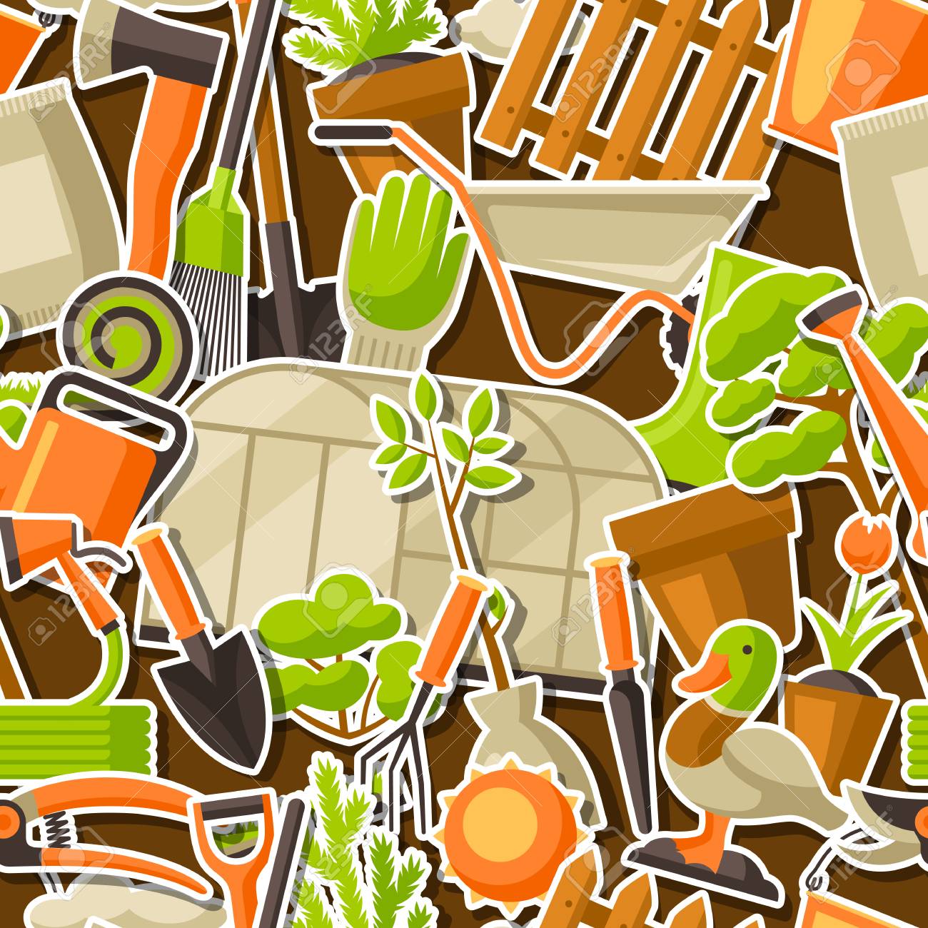 庭の道具やアイテムとシームレスなパターン シーズンガーデニングイラスト のイラスト素材 ベクタ Image