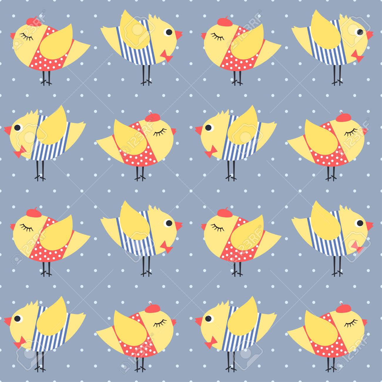 バーディーのシームレスなパターンの水玉背景 かわいい漫画の女の子と男の子の鳥はベクトル イラストです 赤と雛ボー ネクタイ ベレー帽 ドレス ストライプ フロック 赤ちゃんの服のキュートなデザインを印刷します のイラスト素材 ベクタ Image