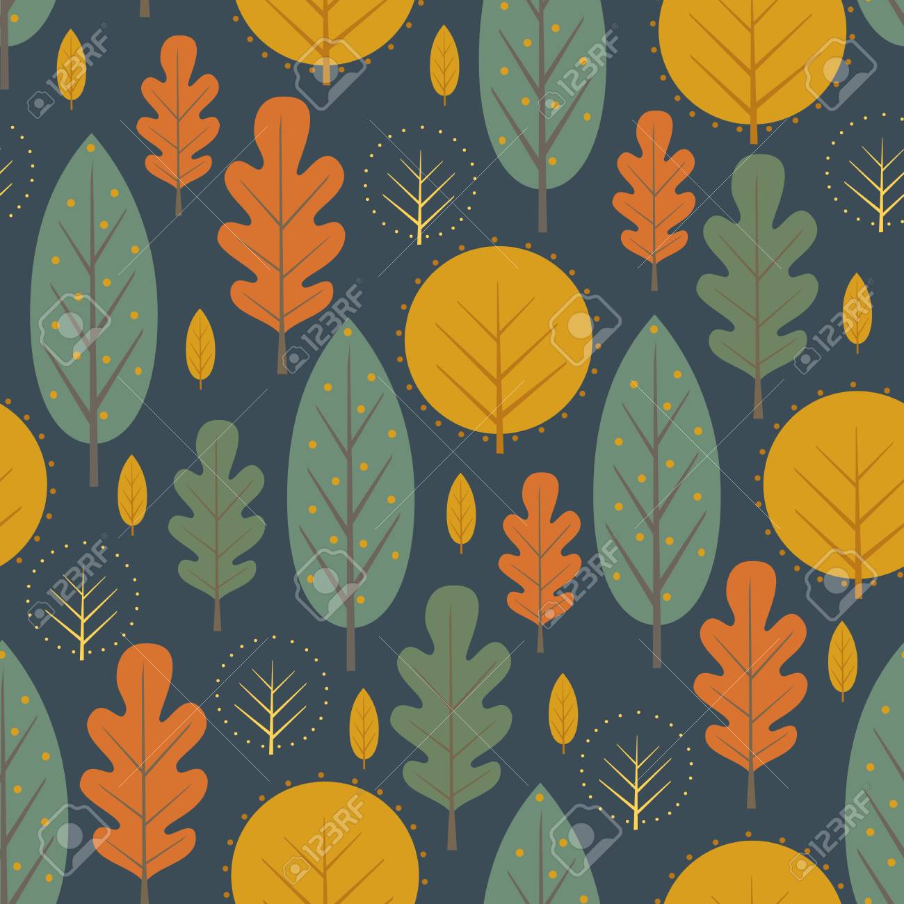 暗い青色の背景に自然の秋のシームレスなパターン 装飾的な葉はベクトル イラストです かわいい森の木が背景 織物 壁紙 ファブリック インテリアの北欧スタイルのデザイン のイラスト素材 ベクタ Image