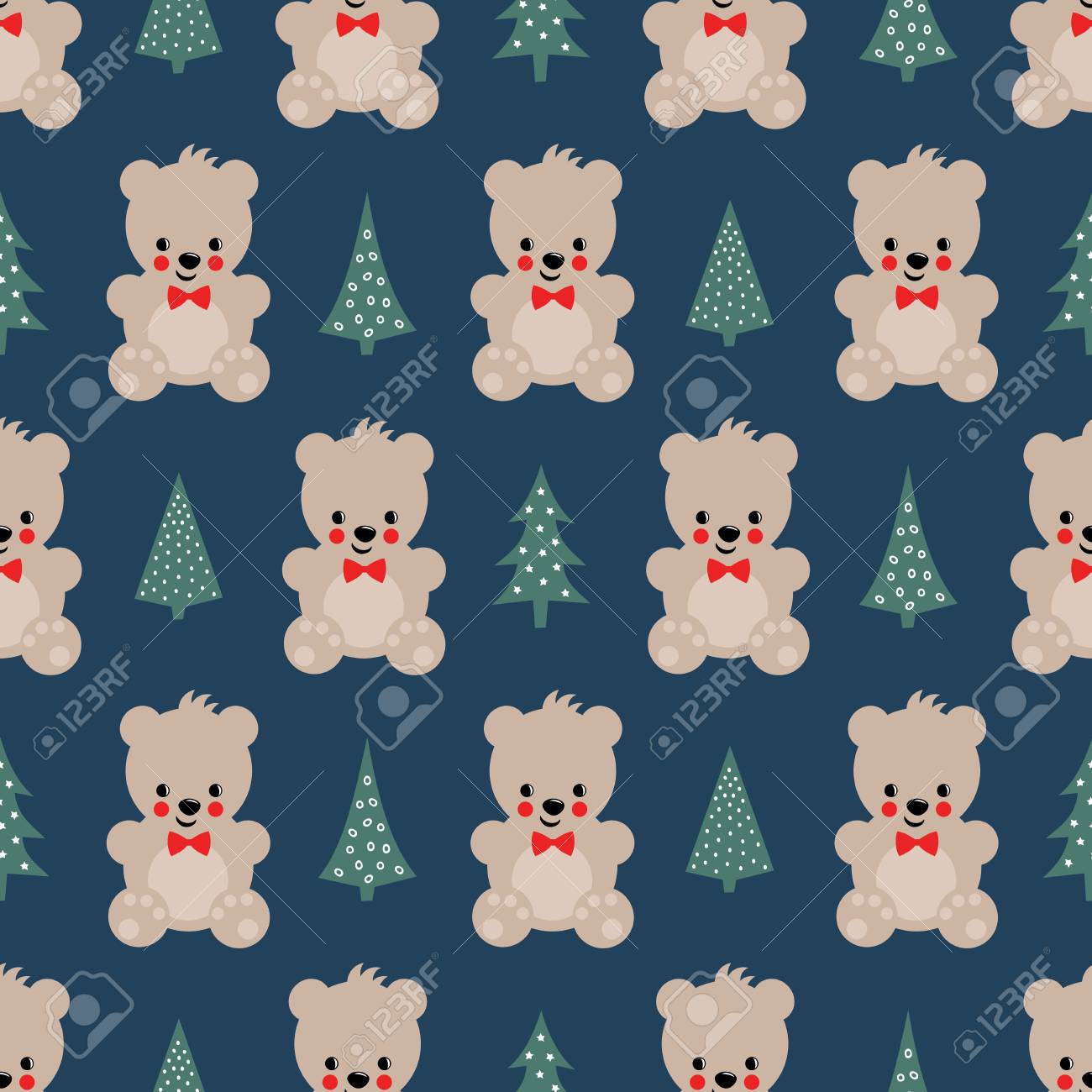 暗い青色の背景にクリスマス ツリーのシームレスなパターンを持つテディベア かわいいベクター背景少年テディベアとクリスマス ツリー 赤ちゃんの服 テキスタイル 壁紙 ファブリック上の印刷用デザイン のイラスト素材 ベクタ Image