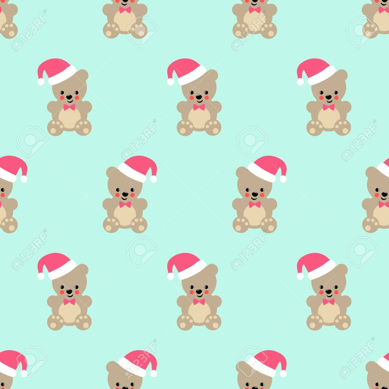 Teddy Bear With Santa Hat Seamless Pattern Cute Vector With
