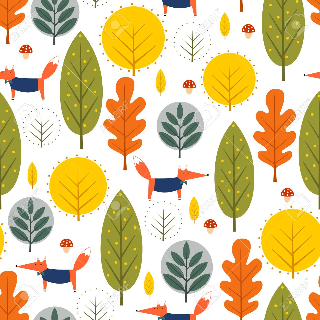 秋の木々 と白い背景のフォックス シームレス パターン 装飾的な森林のベクター イラストです かわいい野生動物 自然の背景 織物 壁紙 ファブリック インテリアの北欧スタイルのデザイン のイラスト素材 ベクタ Image