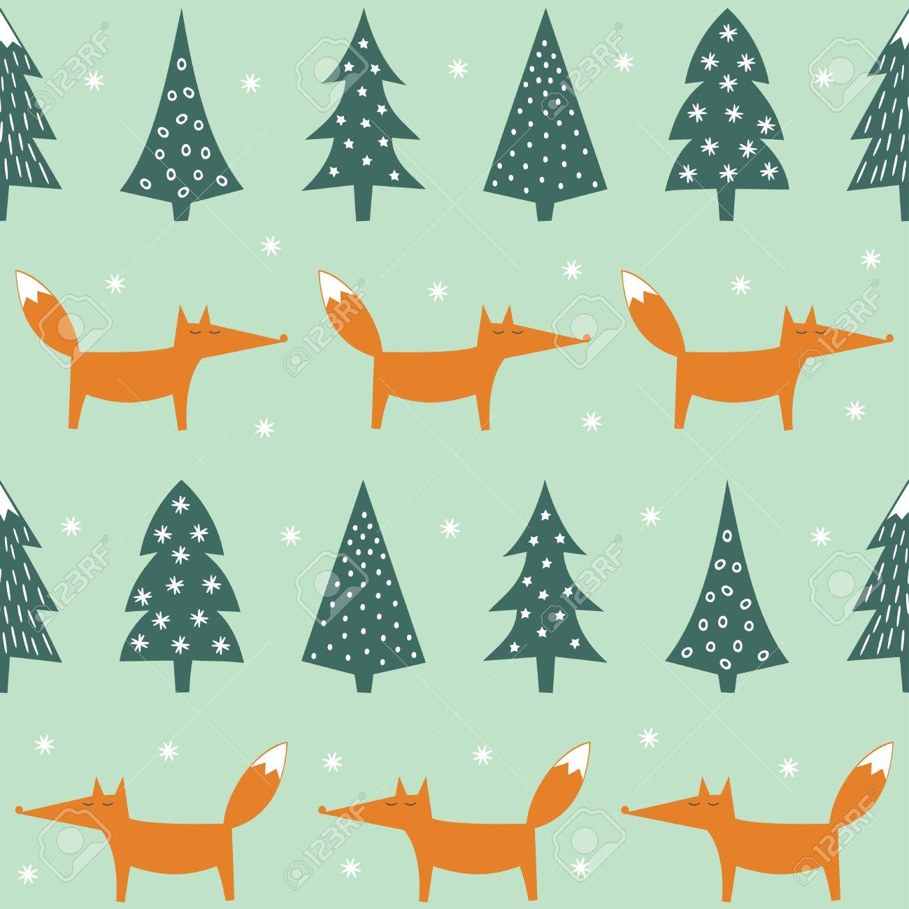 フォックスは クリスマス ツリーと雪のシームレスなパターン かわいい森の背景 単純なベクトルの冬の休暇用繊維 壁紙 包装紙 ファブリック インテリア デザイン のイラスト素材 ベクタ Image