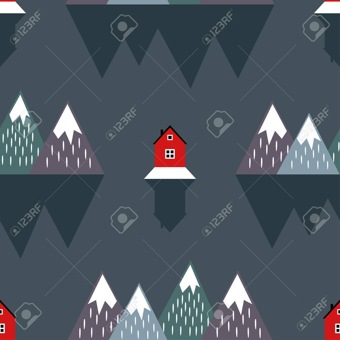 家 山 海と反射とかわいい北欧の風景です 幾何学的な雪の山と家のシームレスなパターン カラフルな北欧の自然のイラスト 山のベクトルの背景 のイラスト素材 ベクタ Image