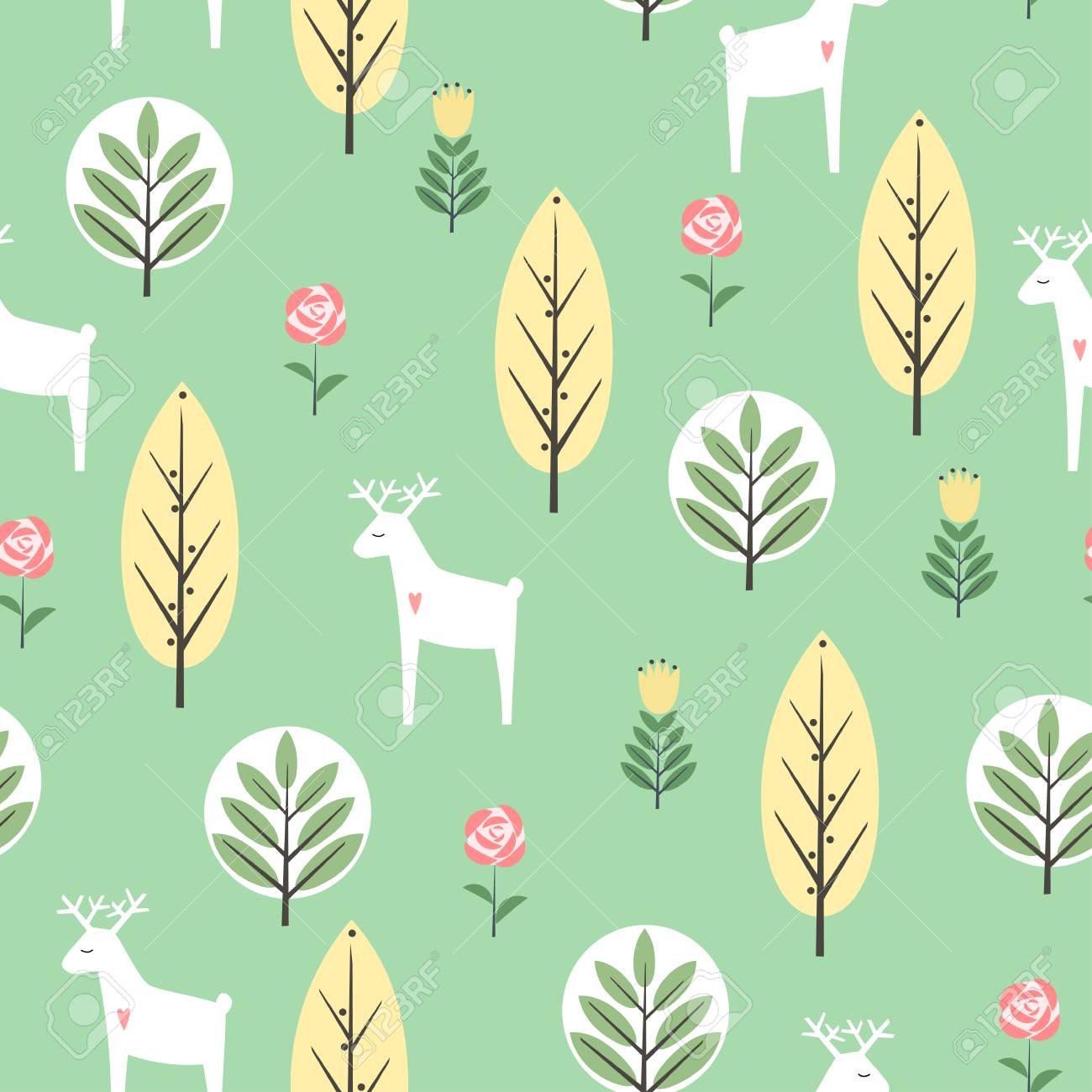 春の木 花 鹿シームレスなミント グリーンの背景に模様 のイラスト素材 ベクタ Image