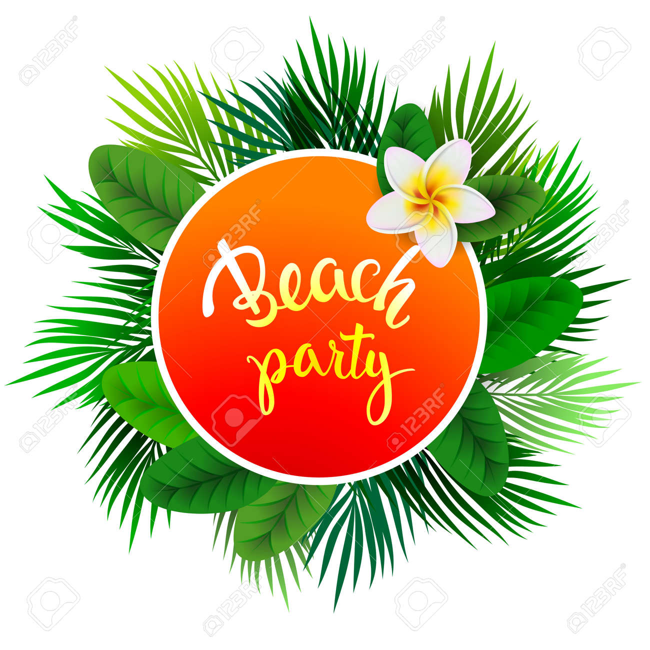 Sommer Tropische Etikett Aus Palmblattern Mit Original Hand Schriftzug Beach Party Illustration Fur Poster Gruss Und Einladungskarten Print Und Web Projekten Lizenzfrei Nutzbare Vektorgrafiken Clip Arts Illustrationen Image