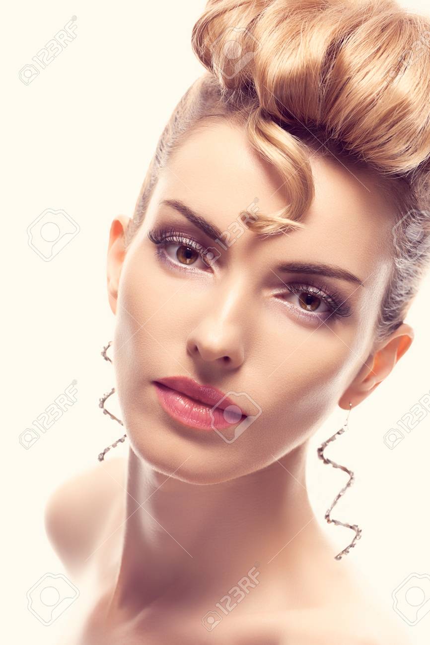 Fashion Natural Makeup Beauty Woman With Mohawk Hairstyle Blonde