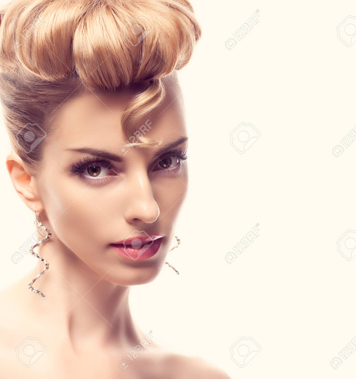 Fashion Natural Makeup Beauty Woman With Mohawk Hairstyle Blonde