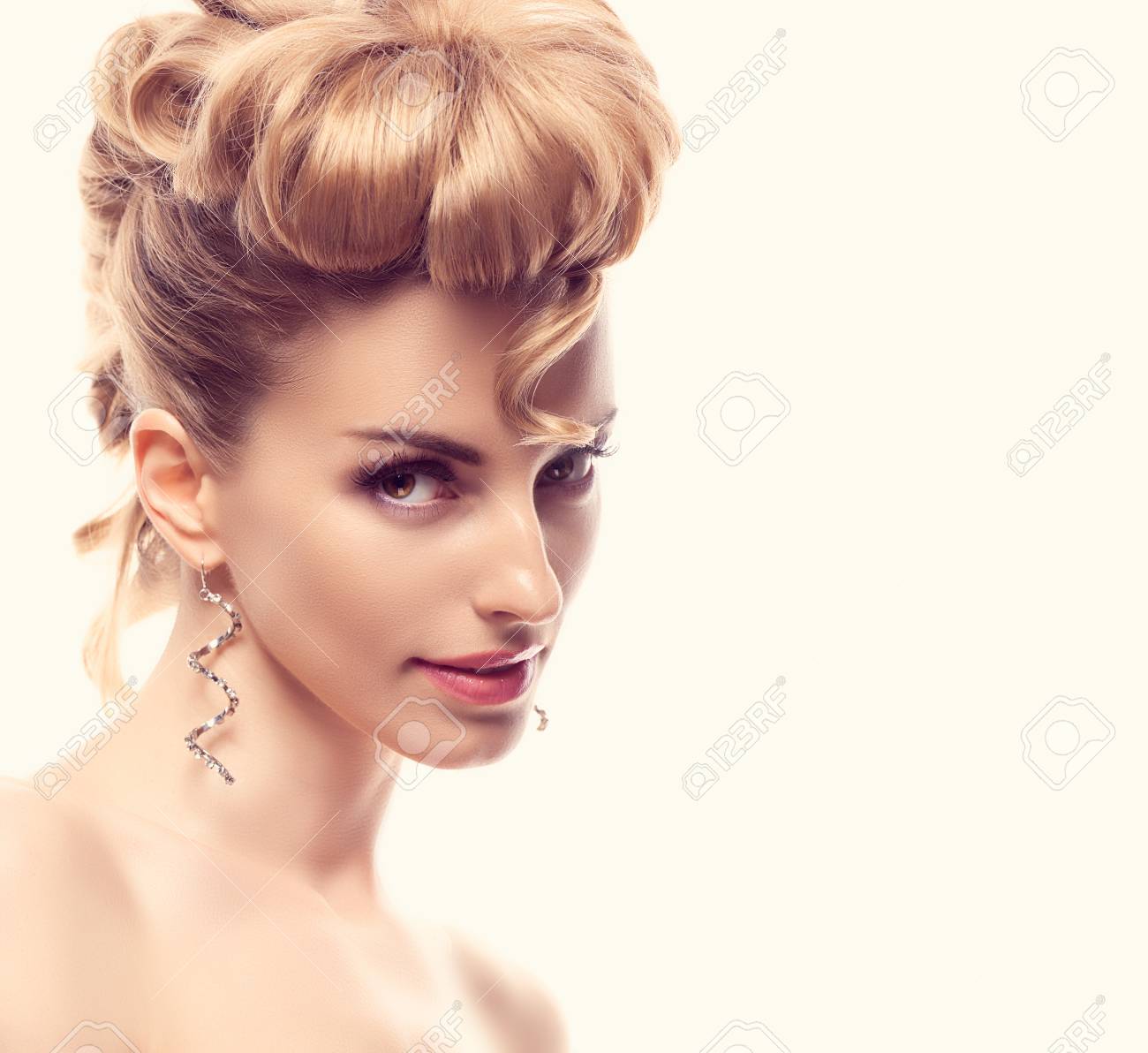 Fashion Natural Makeup Beauty Woman With Mohawk Hairstyle Blonde